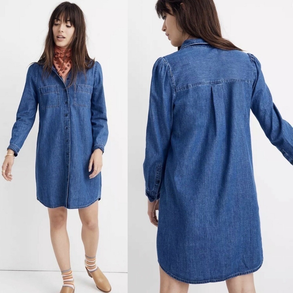 𝅺MADEWELL Denim jean chambray Puff-Sleeve Shirtdress in Harris K6059